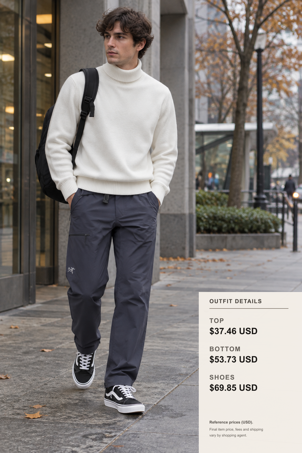 Full-body proportion illustration of Vans fall/winter hoodie, straight-leg pants, and casual shoes